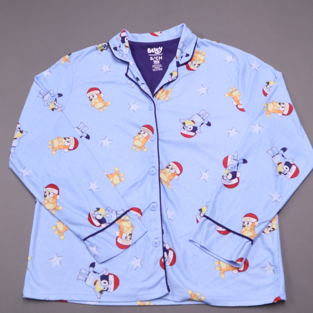 Bluey Xmas Pajama Top Womens Small Blue Fleece Button Up Holiday Sleep Shirt
